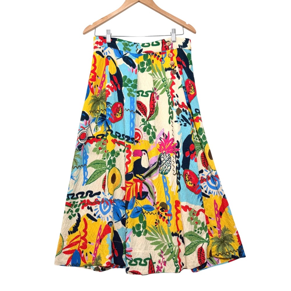 Zara Womens Tropical Rio Skirt Toucan Fruit Print Midi Size M Boho Vacation